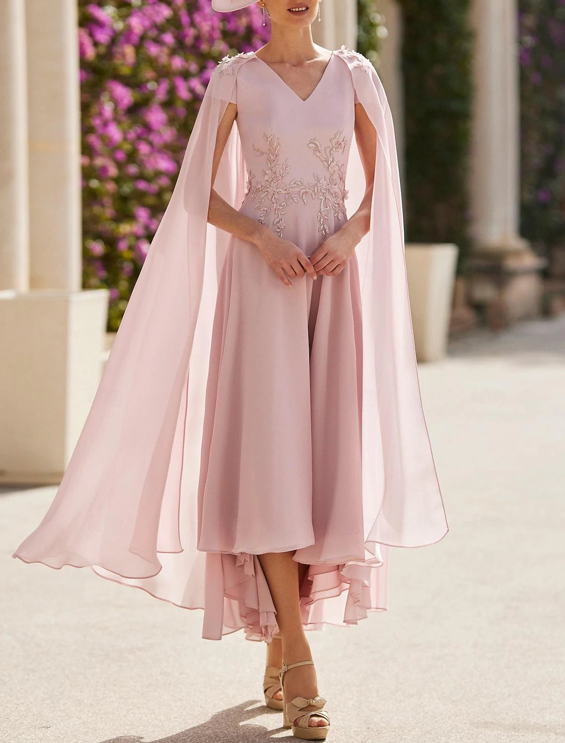 Buyishang A-Line Cocktail Dresses Elegant Dress Wedding Guest Engagement Ankle Length Long Sleeve V Neck Capes Chiffon with Appliques free custom size