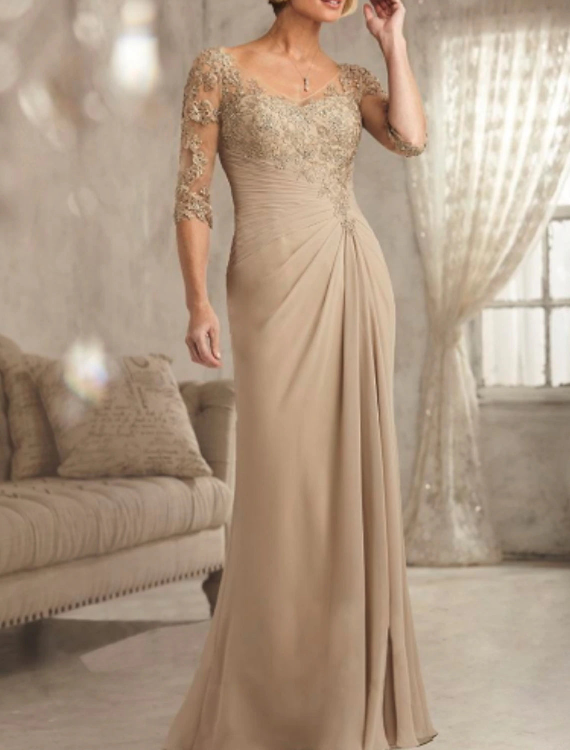 Sheath / Column Mother of the Bride Dress Wedding Guest Plus Size Sexy See Through V Neck Floor Length Chiffon Lace Half Sleeve with Lace Fall