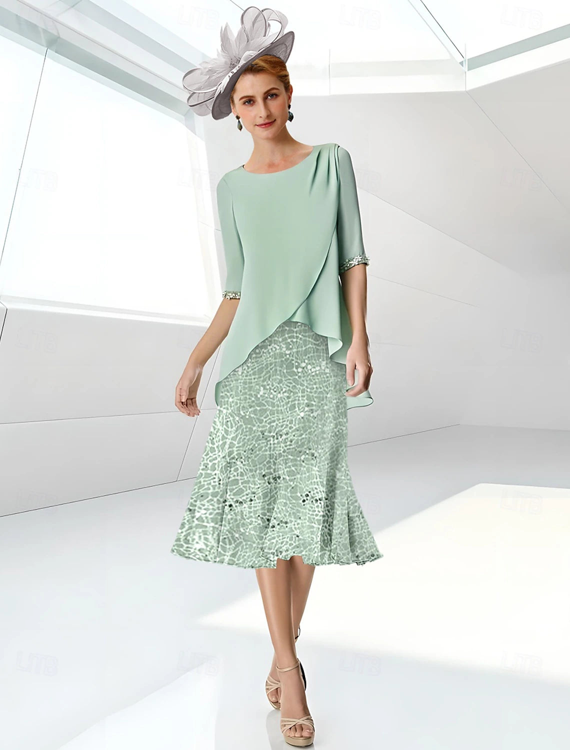 Buyishang A-Line Mother of the Bride Dress Elegant Jewel Neck Knee Length Lace Stretch Chiffon Half Sleeve with Lace Ruching free custom size