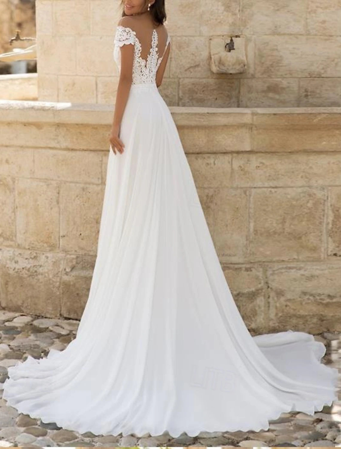 Buyishang Wedding Dresses A-Line V Neck Short Sleeve Court Train Lace Bridal Gowns With Split Front