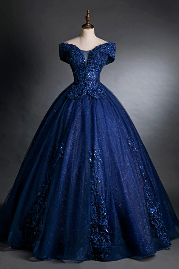 Blue Tulle Lace Long A-Line Ball Gown Off the Shoulder Evening Party Dress