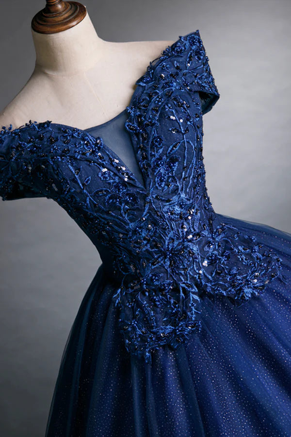 Blue Tulle Lace Long A-Line Ball Gown Off the Shoulder Evening Party Dress