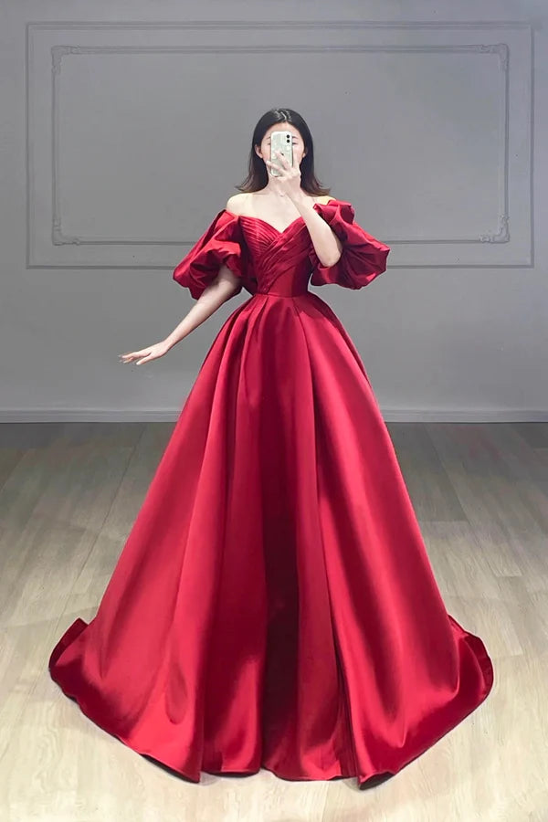 Burgundy Puffy Short Sleeve Satin Prom Dress Burgundy V-Neck A-Line Evening Dress