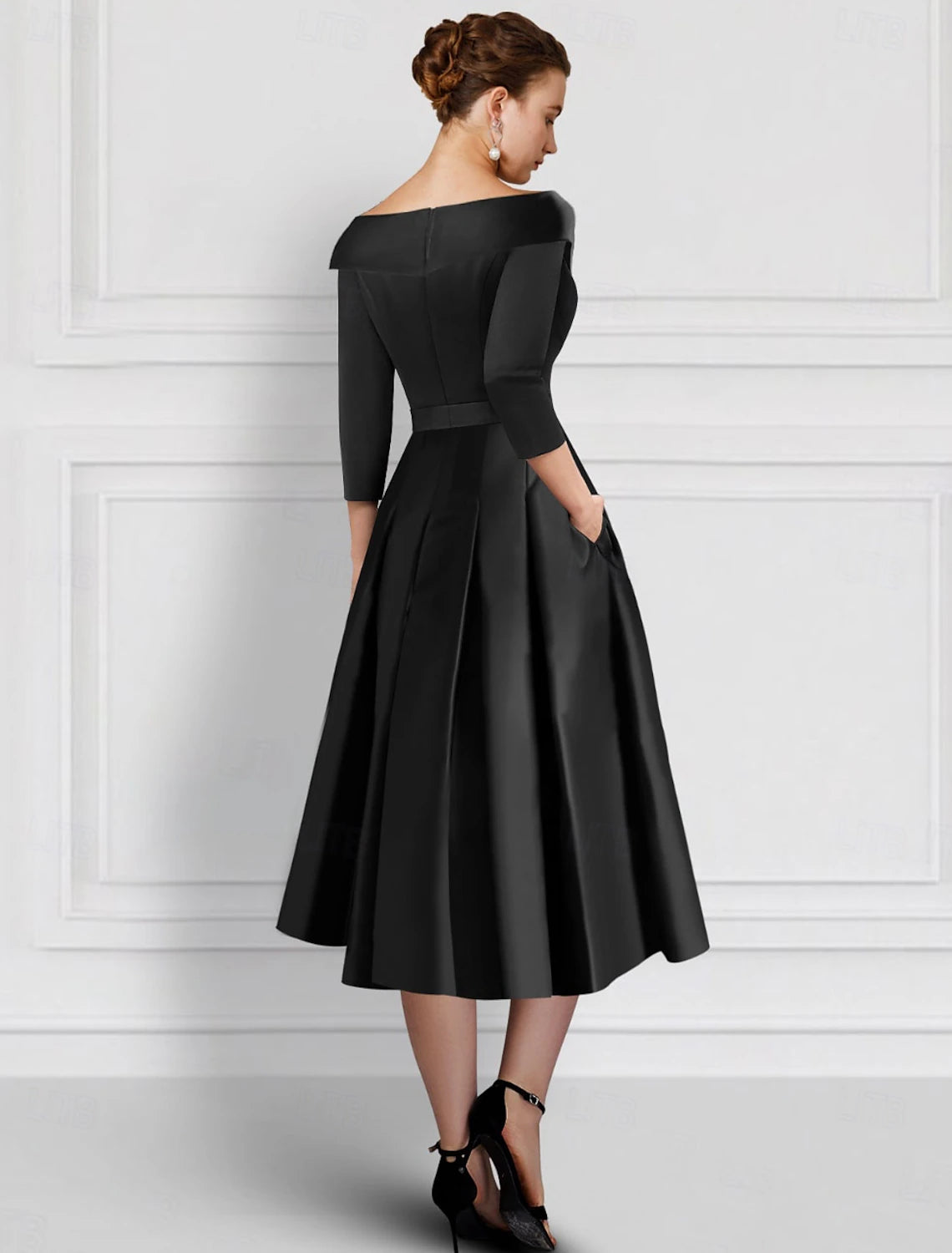 Buyishang Black Embroidered A-Line Cocktail Dresses Mother of Bride Elegant Formal Ankle Length 3/4 Length Sleeve Shirt Collar  Satin with Appliques