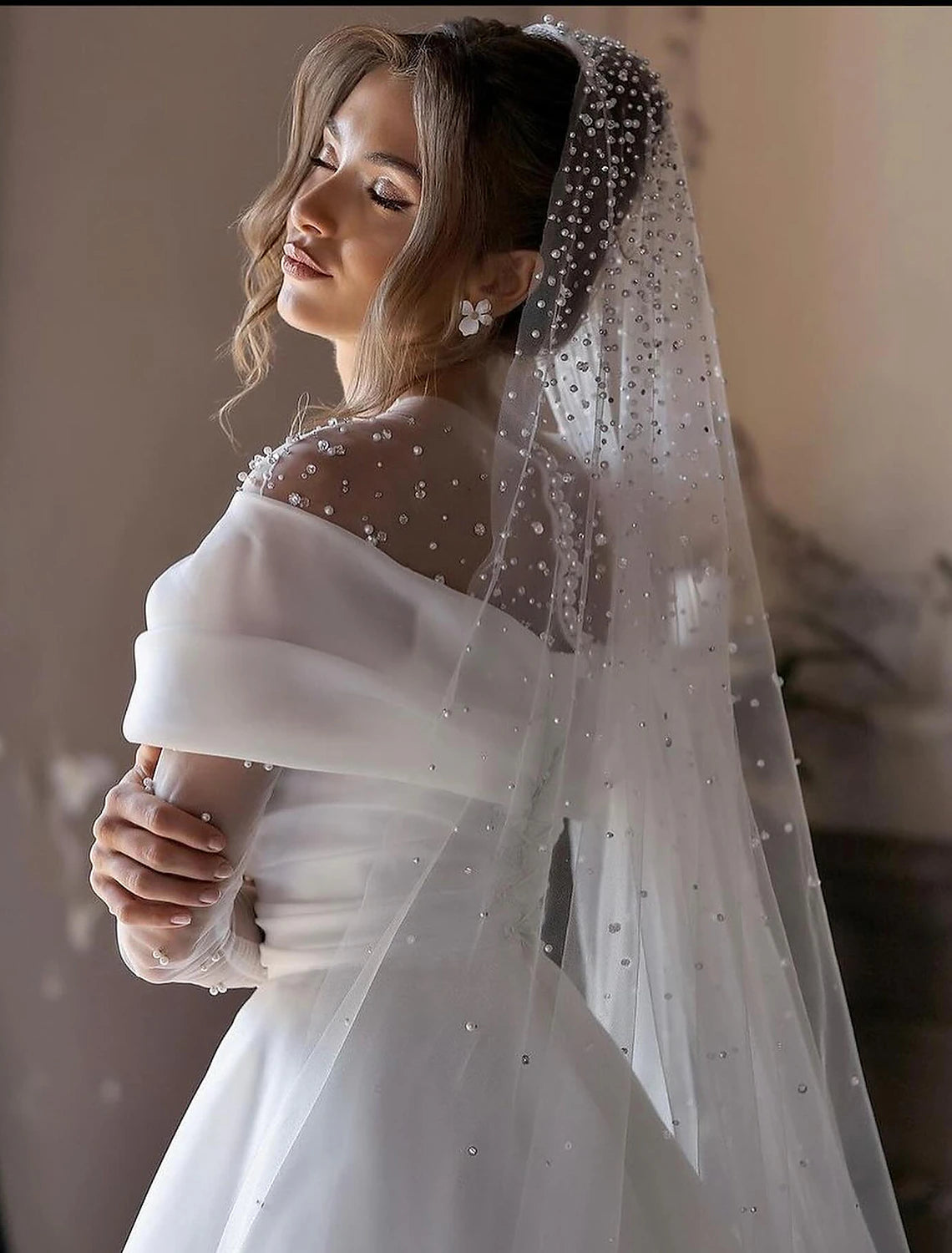 Buyishang Beach Simple Wedding Dresses Formal Wedding Dresses A-Line Illusion Neck Long Sleeve Floor Length Tulle Bridal Gowns With Ruched Beading