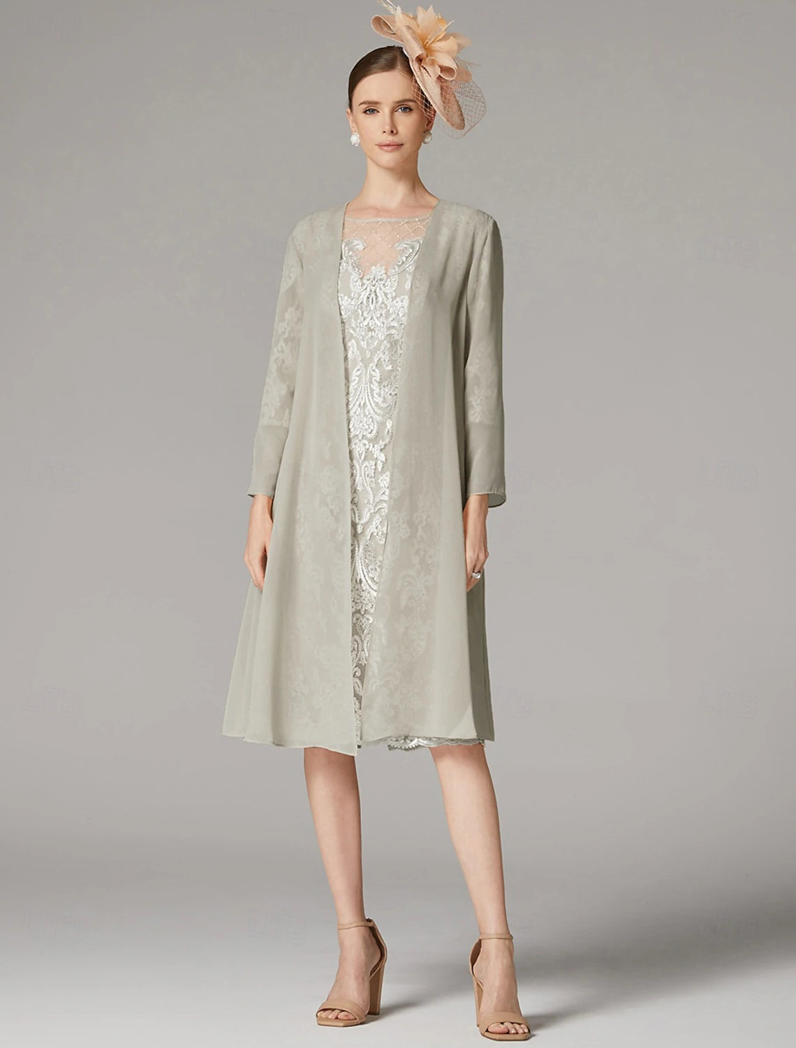 Buyishang Two Piece Sheath Dress Suit Mother of the Bride Dress Elegant Jewel Neck Knee Length Chiffon Lace 3/4 Length Sleeve Wrap Included Jacket Dresses with Beading Appliques