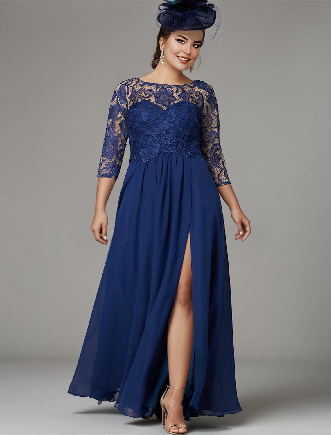 Buyishang A-Line Plus Size Curve Dress Mother of the Bride Dress Elegant Jewel Neck Floor Length Chiffon 3/4 Length Sleeve with Lace Appliques