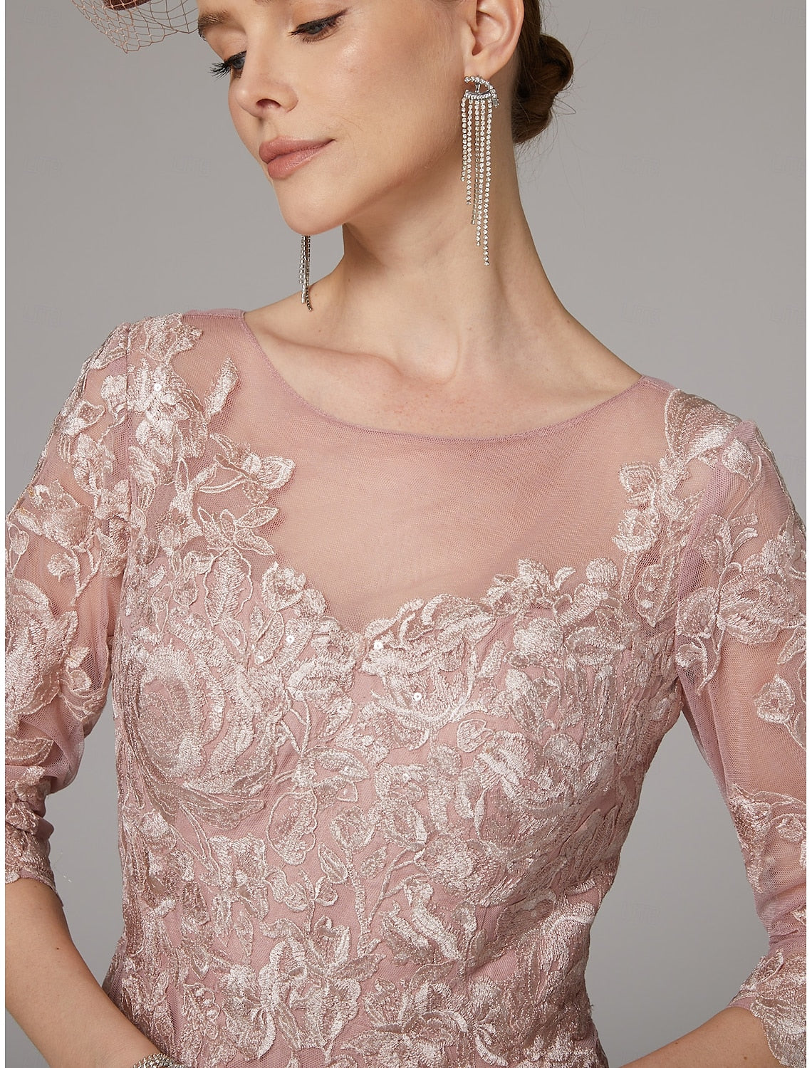 Buyishang A-Line Dress Mother of the Bride Dress Elegant Jewel Neck Floor Length Lace 3/4 Length Sleeve with Lace Pleats Appliques