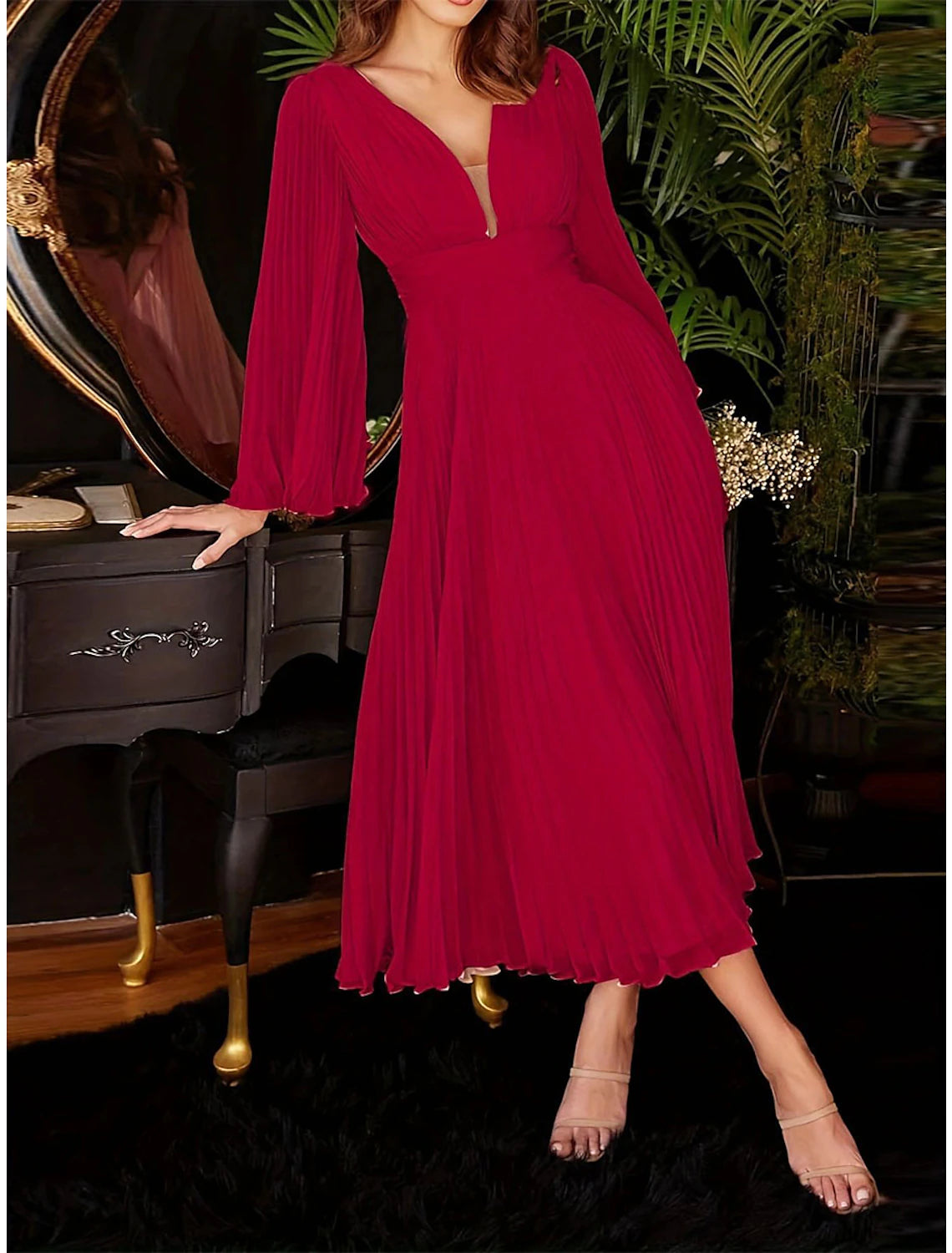 Women's Party Dress Wedding Guest Dress Swing Dress Long Dress Maxi Dress Wine Long Sleeve Pure Color Pleated Spring Fall Winter V Neck Fashion Winter Dress Evening Party Wedding Guest