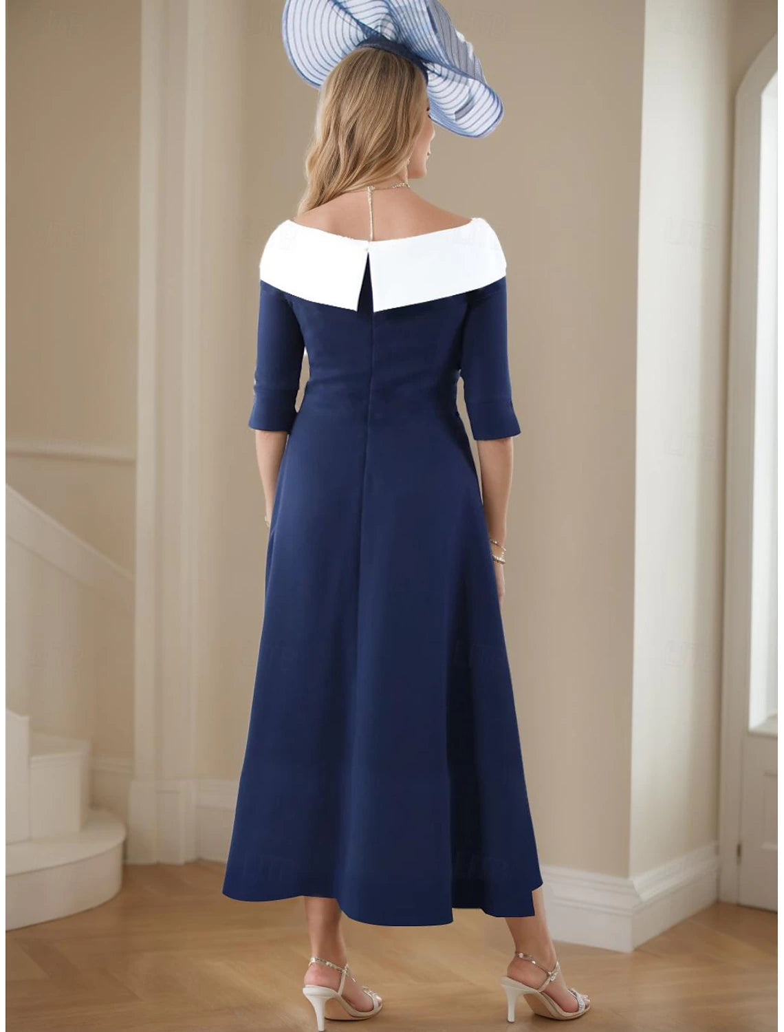 Buyishang A-Line Mother of the Bride Dress Elegant V Neck Tea Length Stretch Fabric Half Sleeve with Color Block free custom size