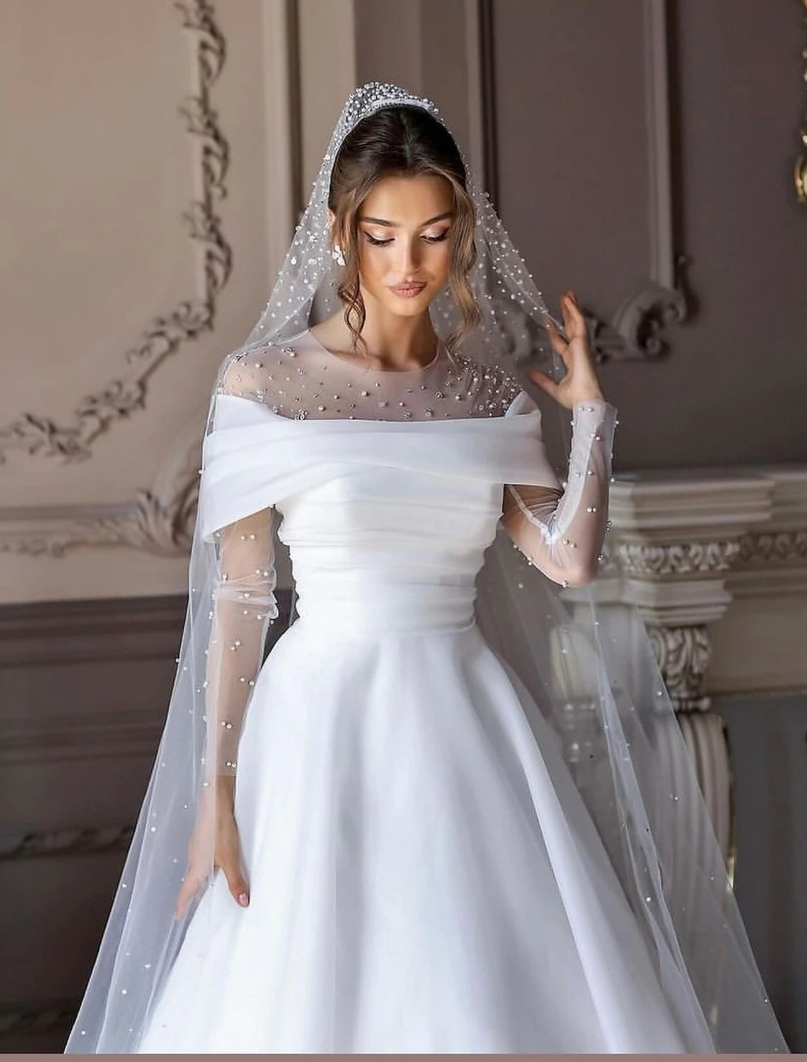 Buyishang Beach Simple Wedding Dresses Formal Wedding Dresses A-Line Illusion Neck Long Sleeve Floor Length Tulle Bridal Gowns With Ruched Beading