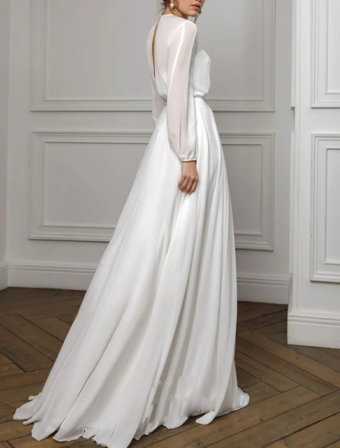 Buyishang A-Line Evening Gown Empire Dress Valentine's Day Wedding Guest Floor Length Long Sleeve Illusion Neck Chiffon with Pleats