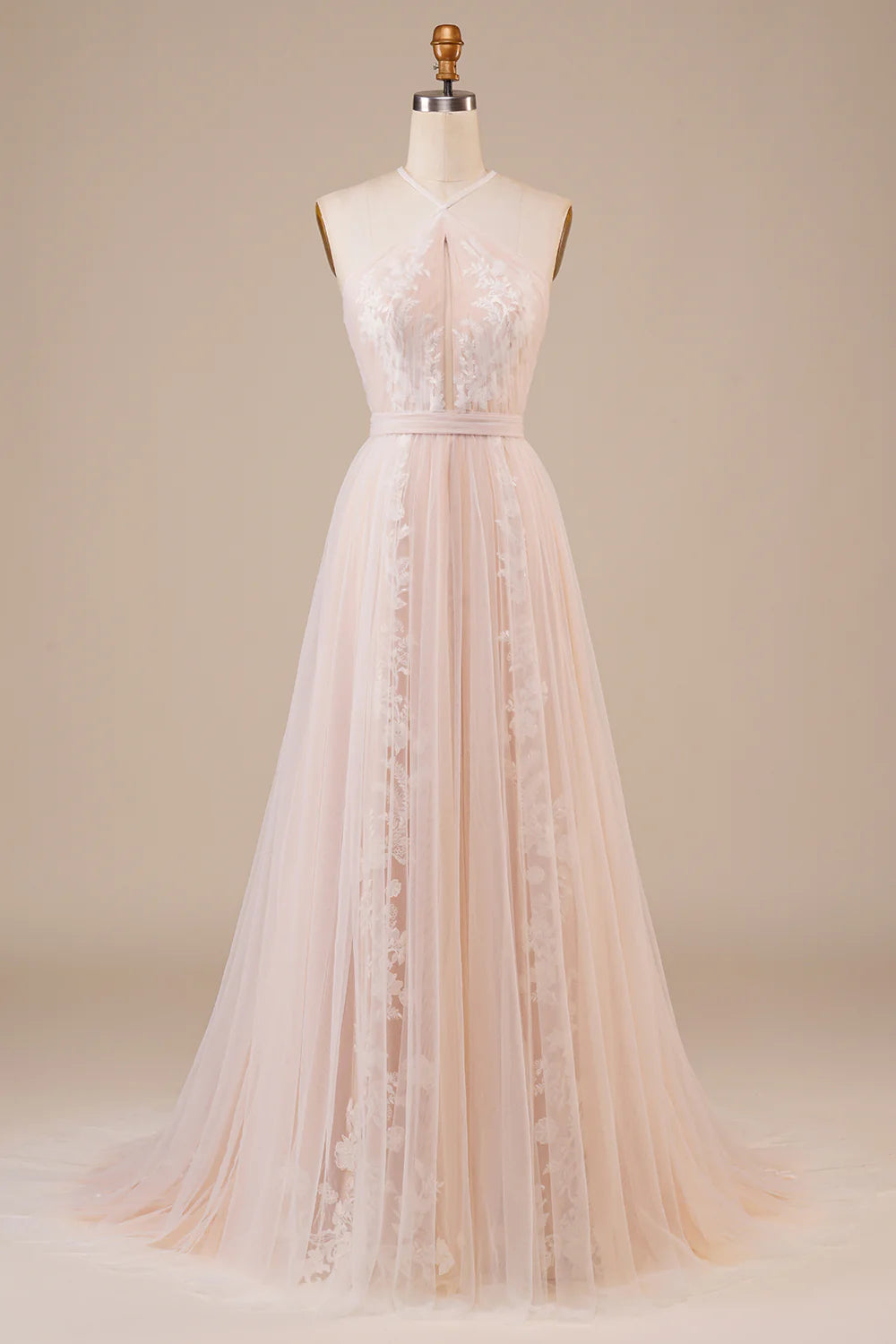 Tulle Halter Keyhole Champagne Wedding Dress with Appliques
