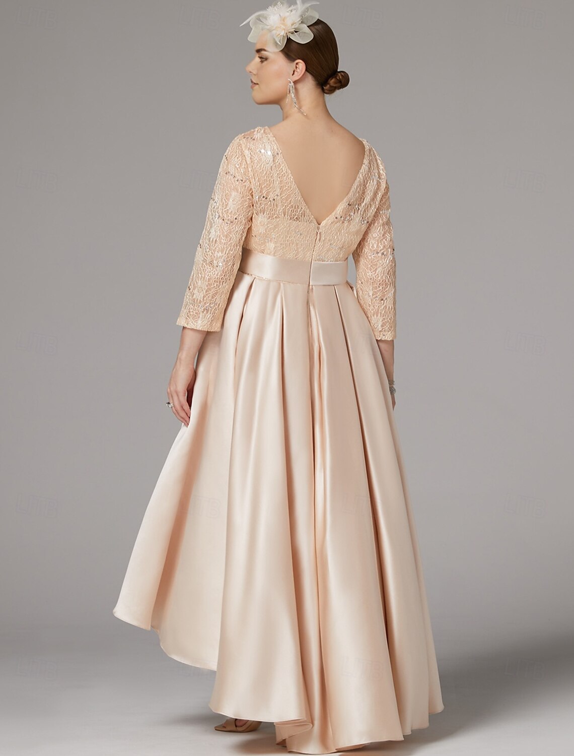 Buyishang A-Line Plus Size Curve Dress Mother of the Bride Dress Wedding Guest Elegant Plus Size High Low Jewel Neck Asymmetrical Satin Lace 3/4 Length Sleeve with Sash / Ribbon Appliques