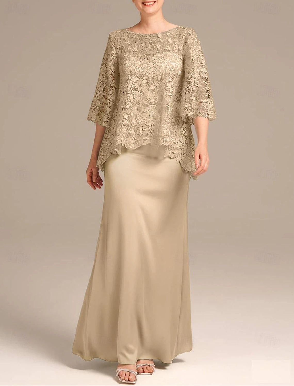 Buyishang Sheath Mother of the Bride Dress Wedding Guest Elegant Jewel Neck Floor Length Satin Lace Half Sleeve with Embroidery free custom size