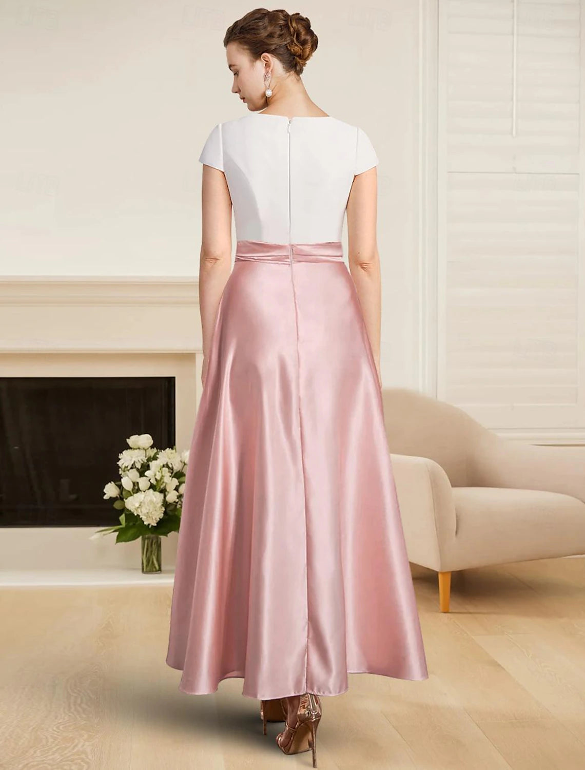Buyishang A-Line Mother of the Bride Dress Wedding Guest Elegant High Low Jewel Neck Tea Length Satin Short Sleeve with Sash / Ribbon free custom size